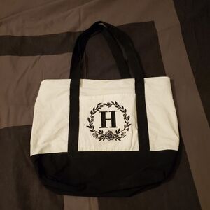 Black and White Embroidered Letter H Monogram 100% Cotton Reusable Tote Bag